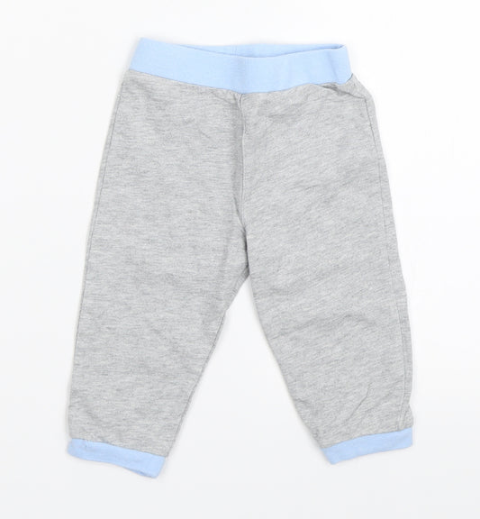 Front view of Tiny Ted boys’ grey jogger trousers, size 3-6, months