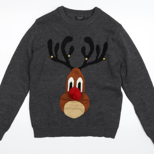 New Look Mens Grey   Pullover Jumper Size L  - christmas reindeer rudolph
