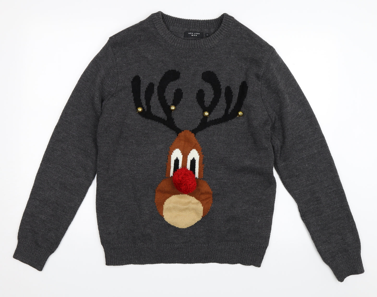 New Look Mens Grey   Pullover Jumper Size L  - christmas reindeer rudolph