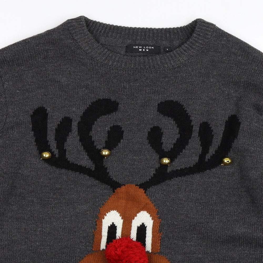New Look Mens Grey   Pullover Jumper Size L  - christmas reindeer rudolph