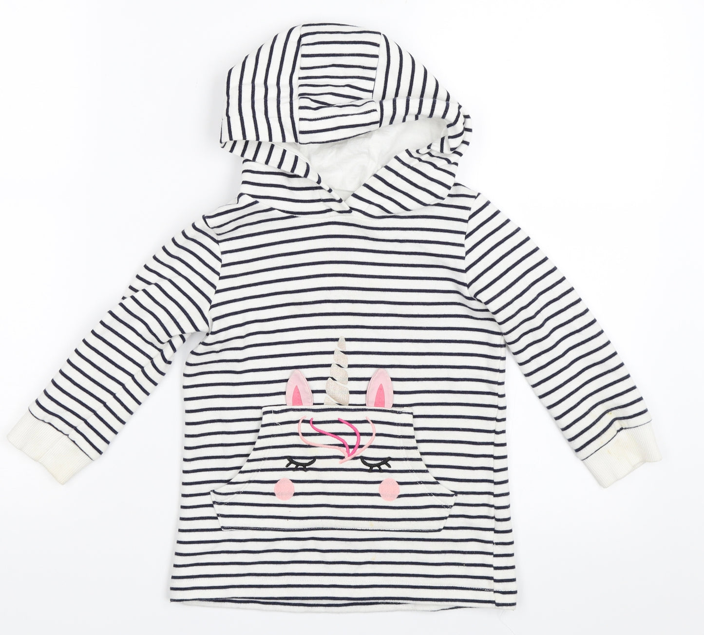 F&F Girls White Striped  Pullover Hoodie Size 2-3 Years  - unicorn