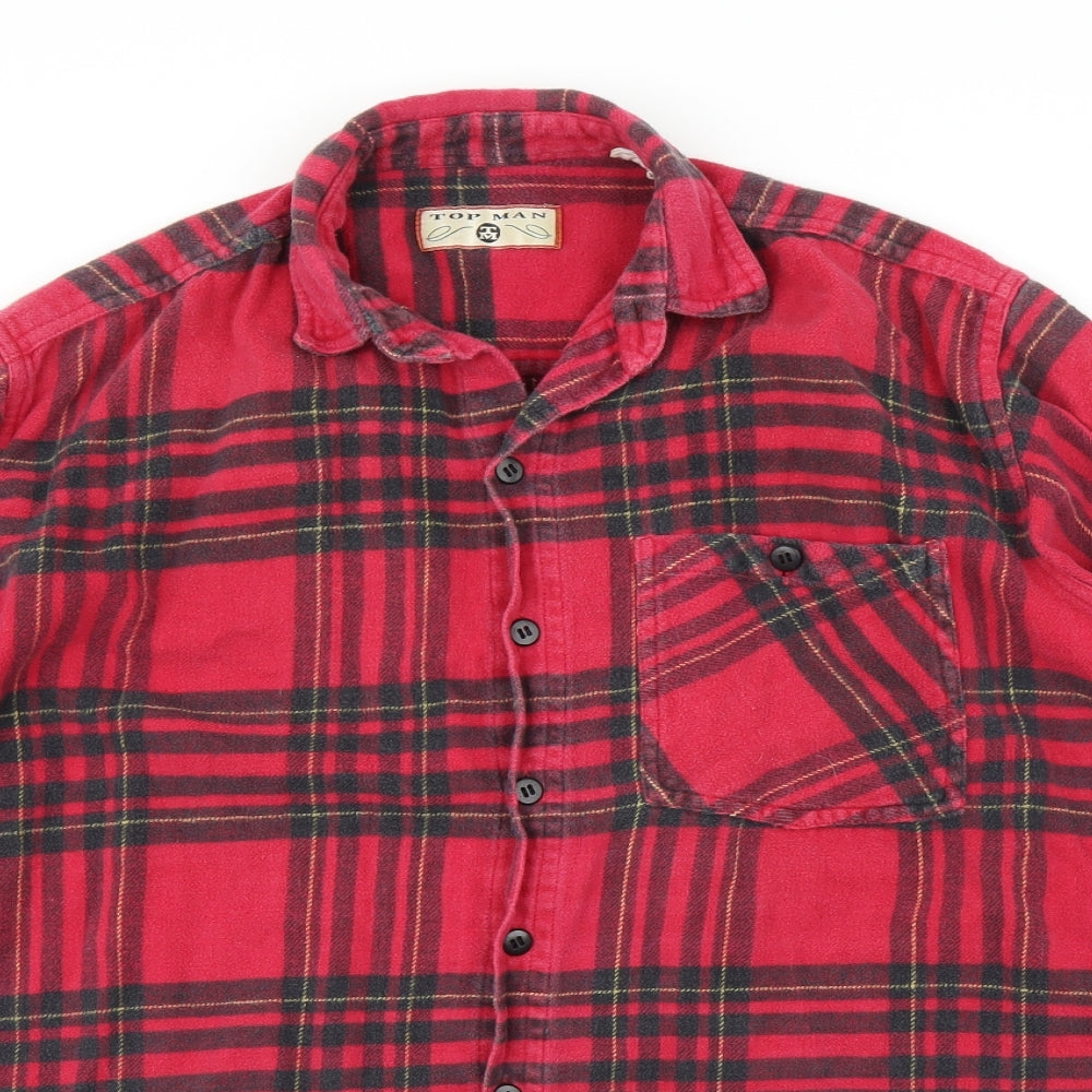 Topman Mens Red Plaid   Button-Up Size XL