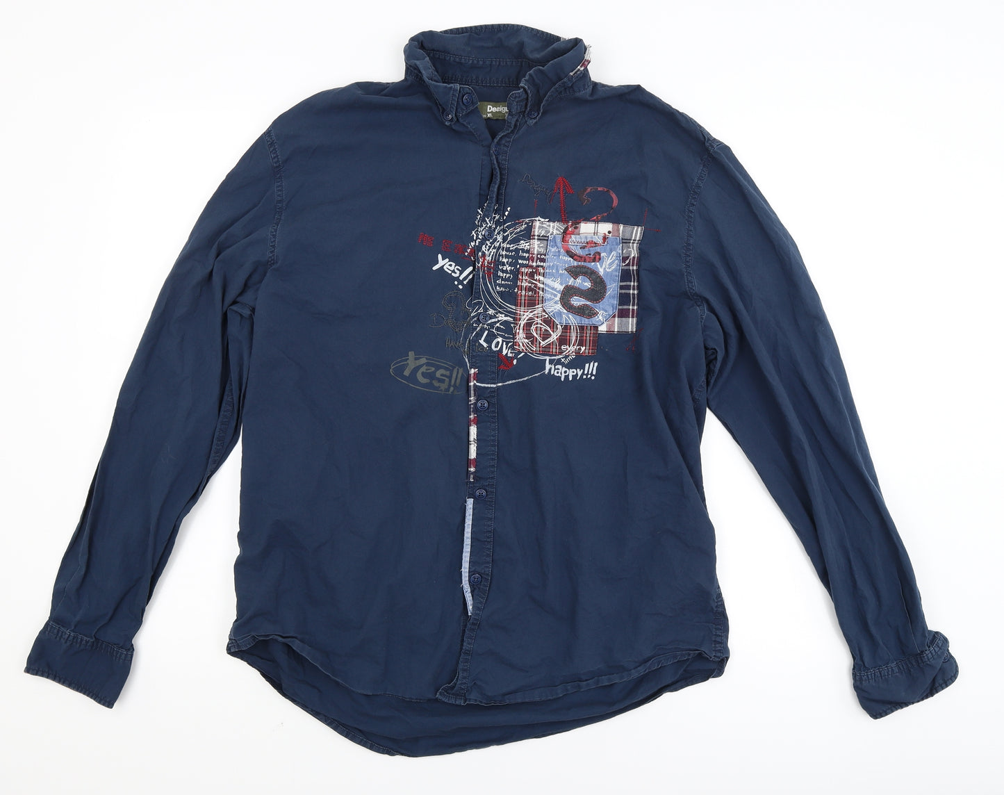 Desigual Mens Blue    Button-Up Size XL  - writing