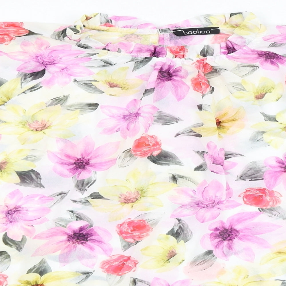 Boohoo Womens White Floral  Basic Blouse Size 14