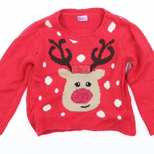 F&F Girls Pink  Knit Pullover Jumper Size 2-3 Years  - Rudolph