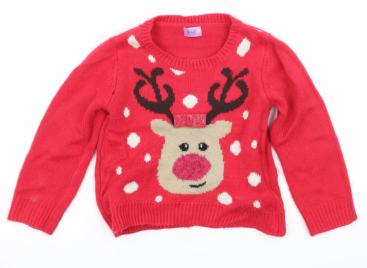 F&F Girls Pink  Knit Pullover Jumper Size 2-3 Years  - Rudolph
