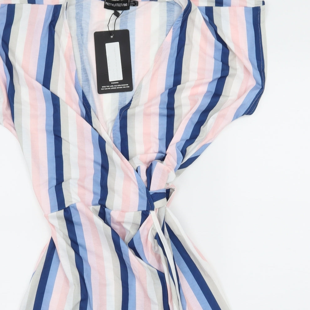 PRETTYLITTLETHING Womens Multicoloured Striped Jersey Wrap Dress  Size 12