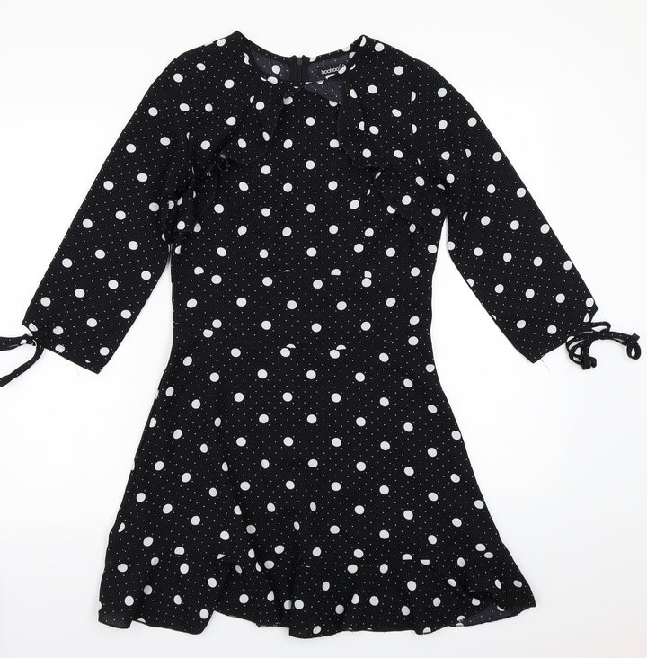 Boohoo Womens Black Polka Dot A-Line Size 6