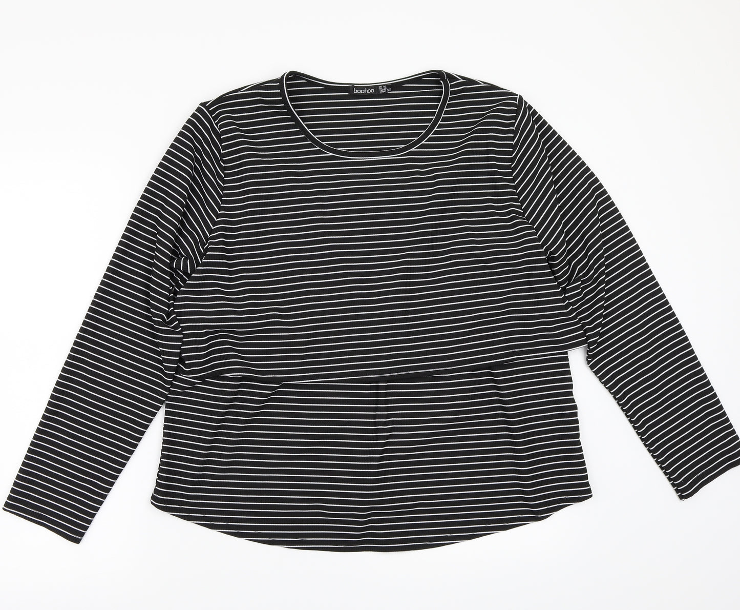 Boohoo Womens Black Striped  Basic T-Shirt Size 16