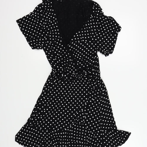 Boohoo Womens Black Polka Dot  Fit & Flare  Size 14  - CROSS OVER FRONT
