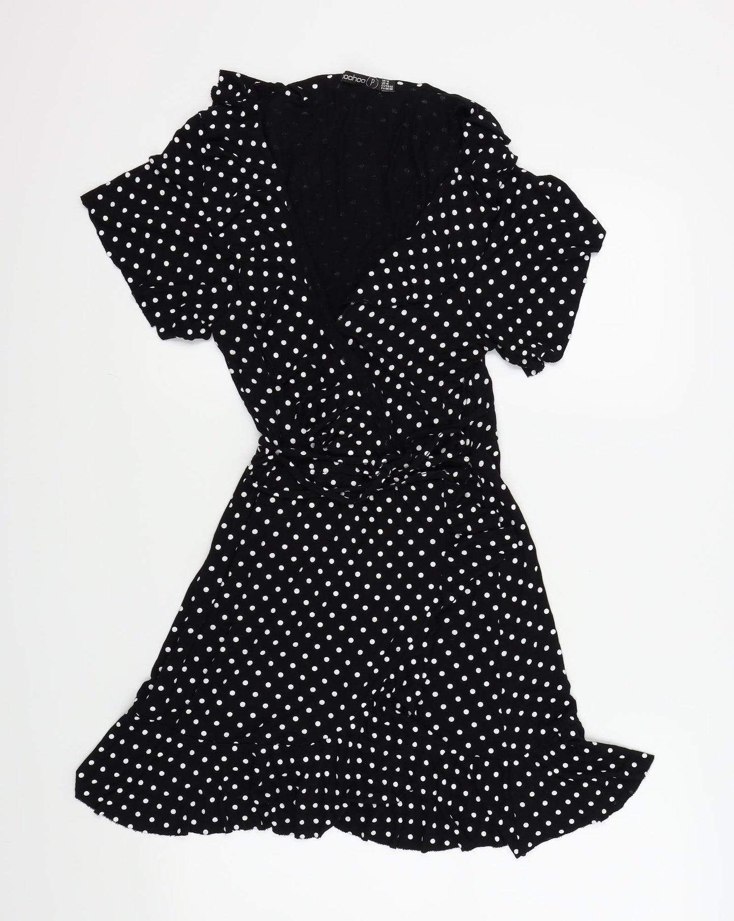Boohoo Womens Black Polka Dot  Fit & Flare  Size 14  - CROSS OVER FRONT
