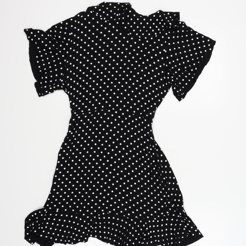 Boohoo Womens Black Polka Dot  Fit & Flare  Size 14  - CROSS OVER FRONT
