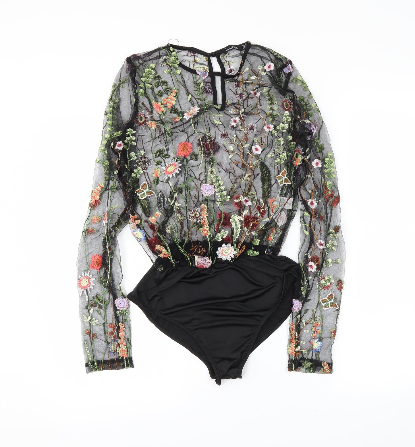 Boohoo Womens Black Floral  Bodysuit One-Piece Size 12