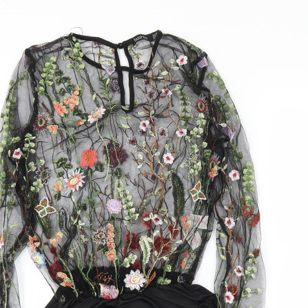 Boohoo Womens Black Floral  Bodysuit One-Piece Size 12