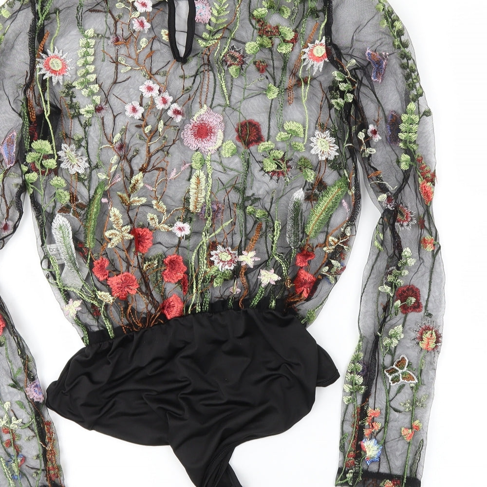Boohoo Womens Black Floral  Bodysuit One-Piece Size 12