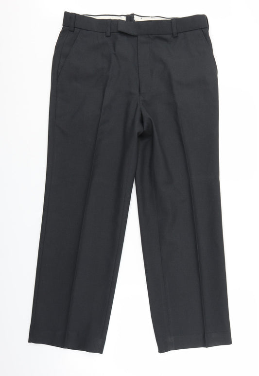 Front view of Preworn men’s grey trousers, size 34, in, 28-inch leg