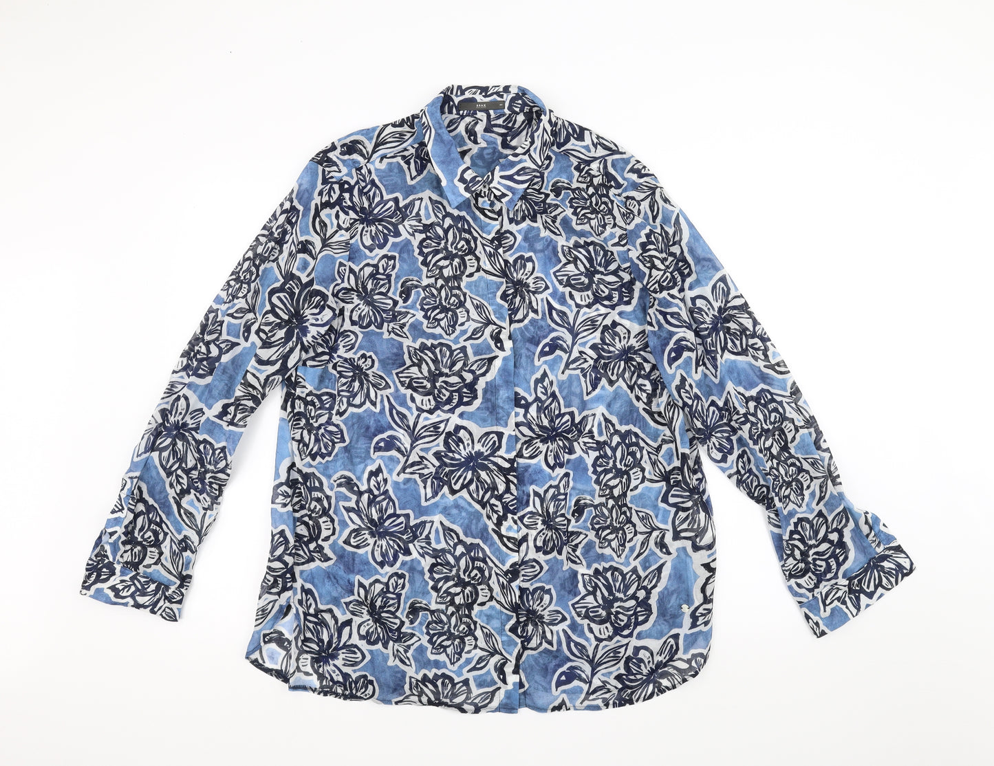 BRAX Womens Blue Floral  Basic Button-Up Size 16  - See Through