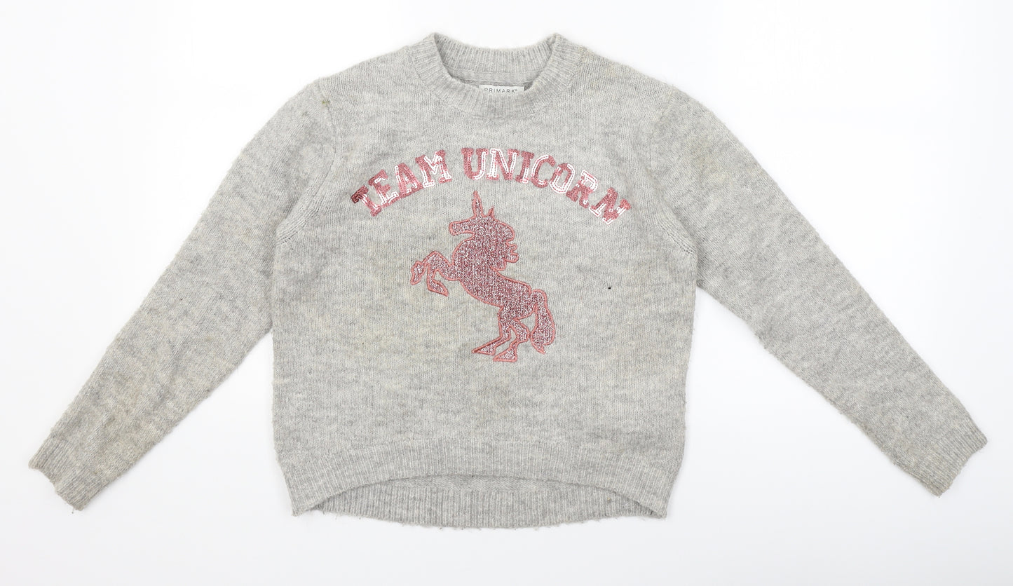 Primark Girls Grey   Pullover Jumper Size 10-11 Years  - team unicorn