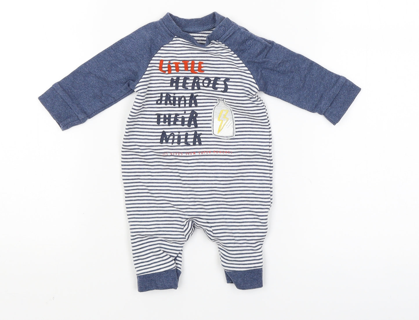 Mothercare Baby Blue Striped  Babygrow One-Piece Size Newborn  - little heroes drink their milk