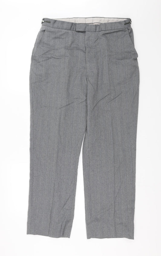 Front view of Charles James men’s grey trousers, size 34, in, 28-inch leg