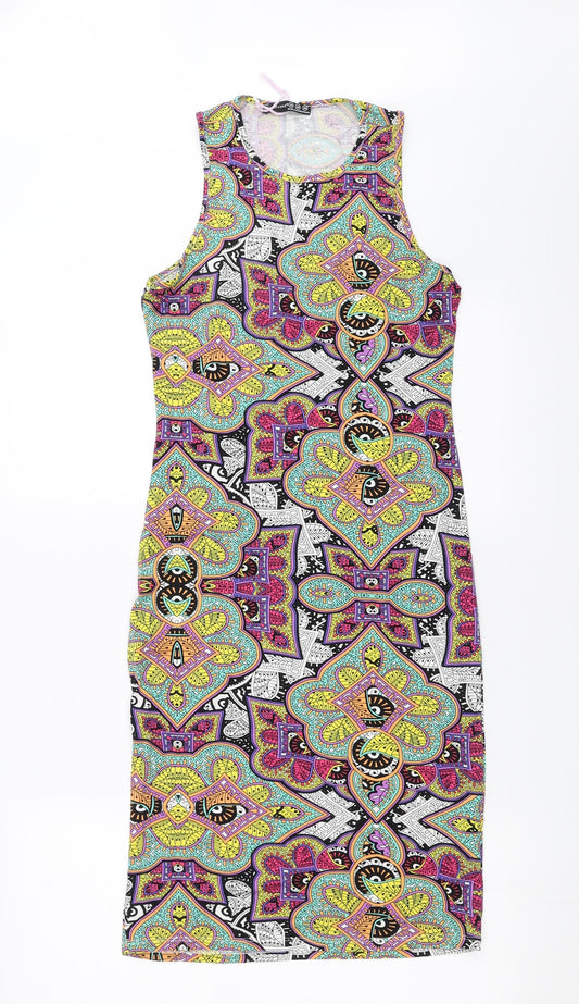 Front view of Primark women’s multicoloured geometric bodycon, size UK 10