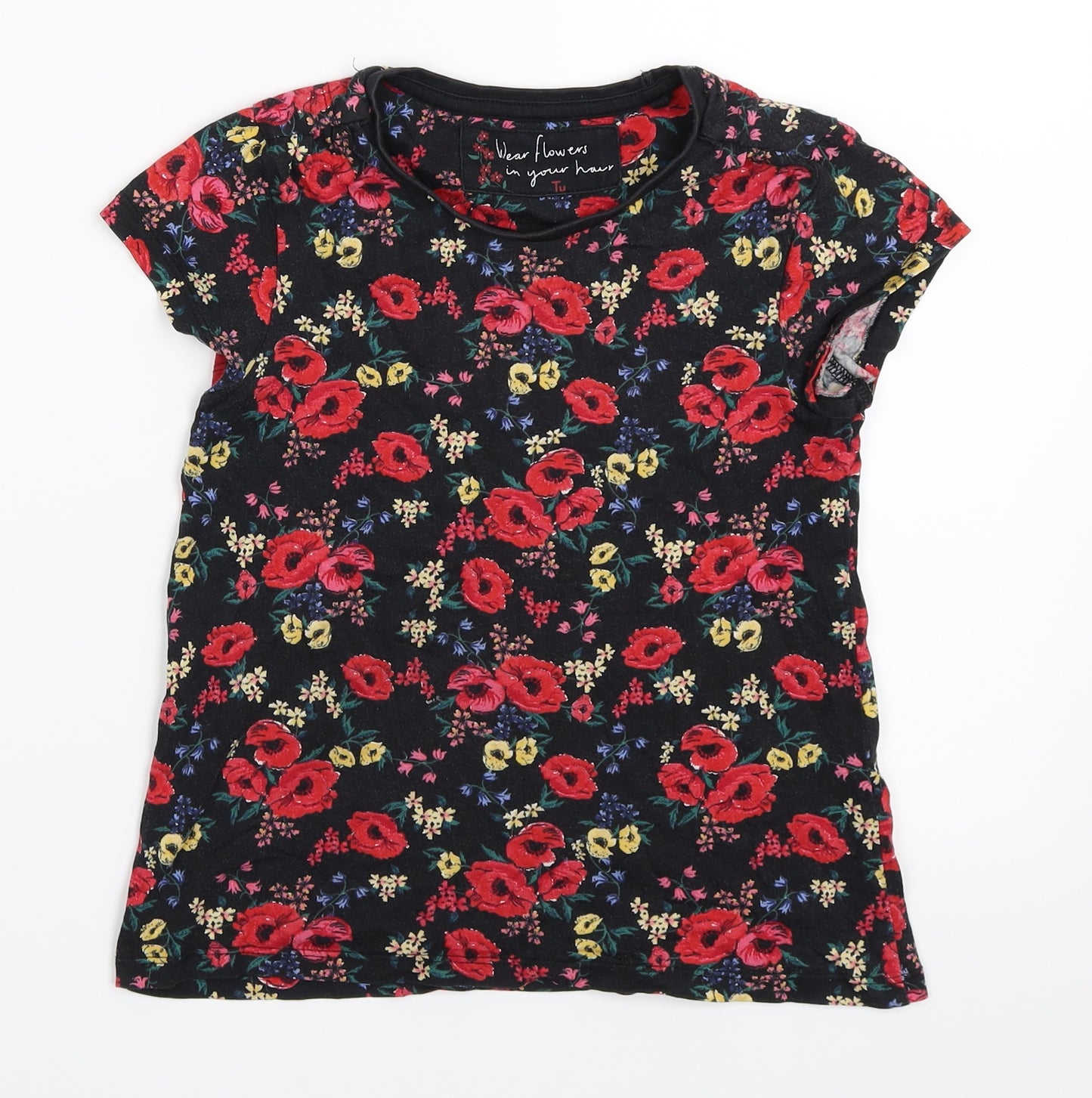 TU Girls Black Floral  Basic T-Shirt Size 7 Years