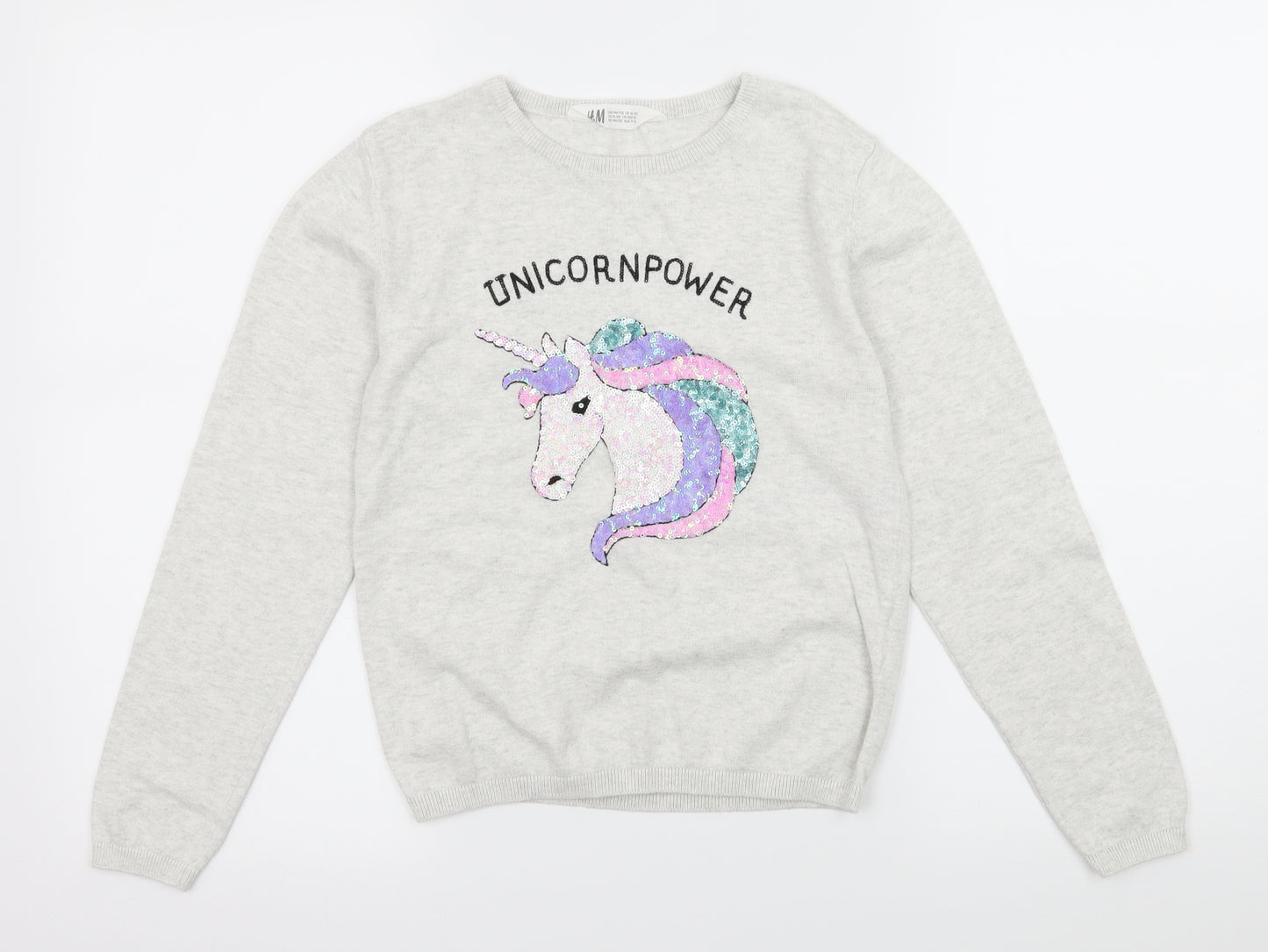 H&M Girls Grey  Knit Pullover Jumper Size 11-12 Years  - Unicorn