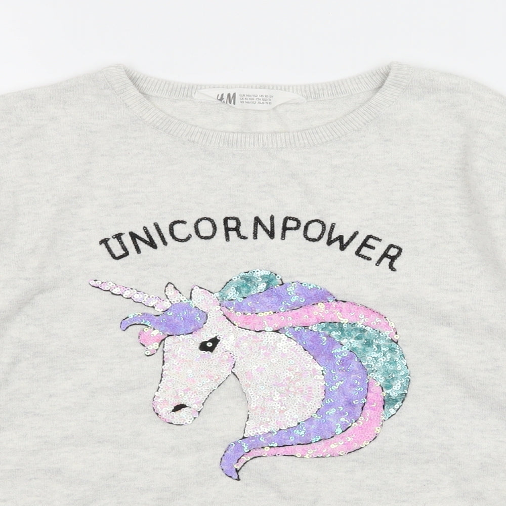 H&M Girls Grey  Knit Pullover Jumper Size 11-12 Years  - Unicorn