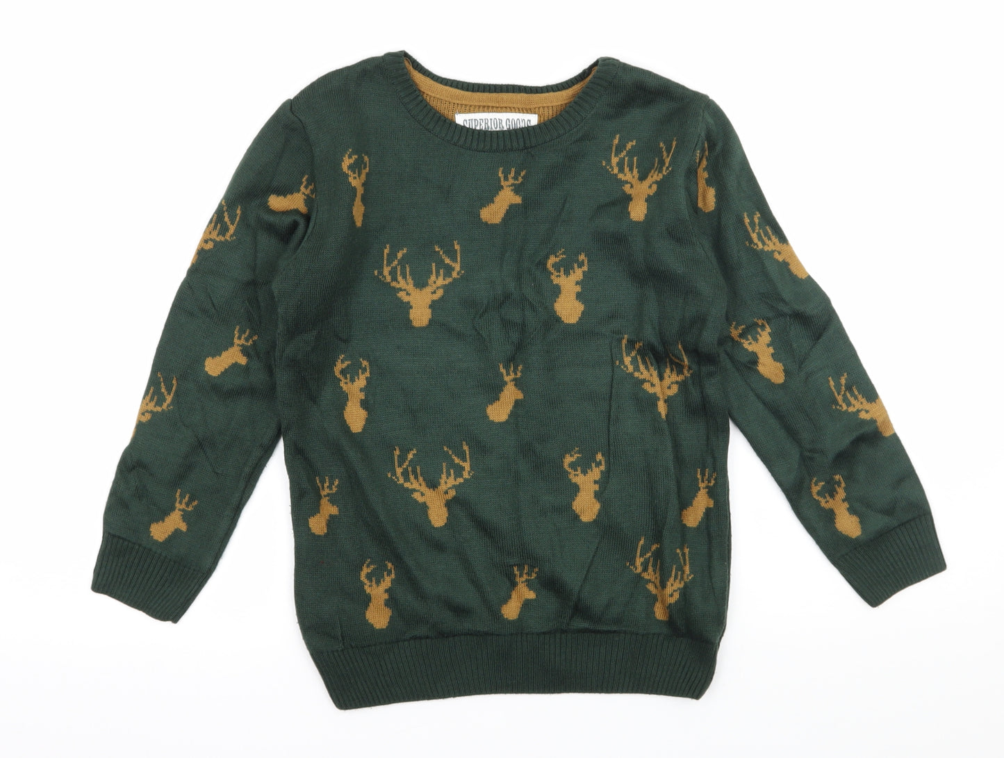 TU Boys Green Geometric Knit Pullover Jumper Size 7 Years  - reindeer