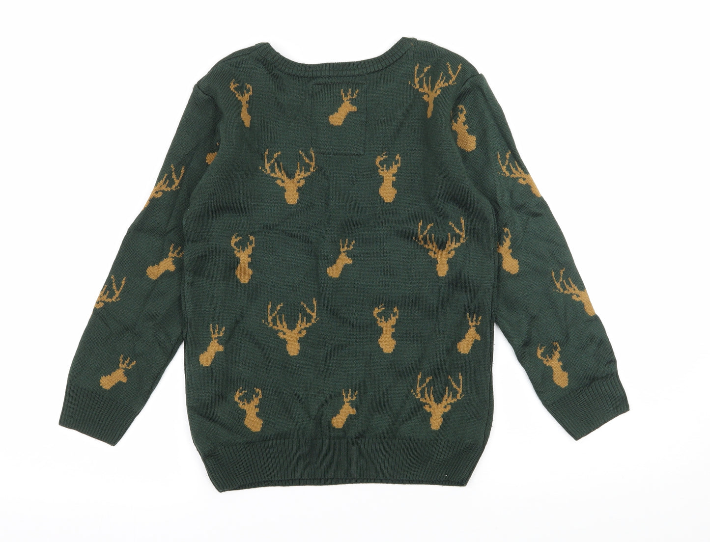 TU Boys Green Geometric Knit Pullover Jumper Size 7 Years  - reindeer