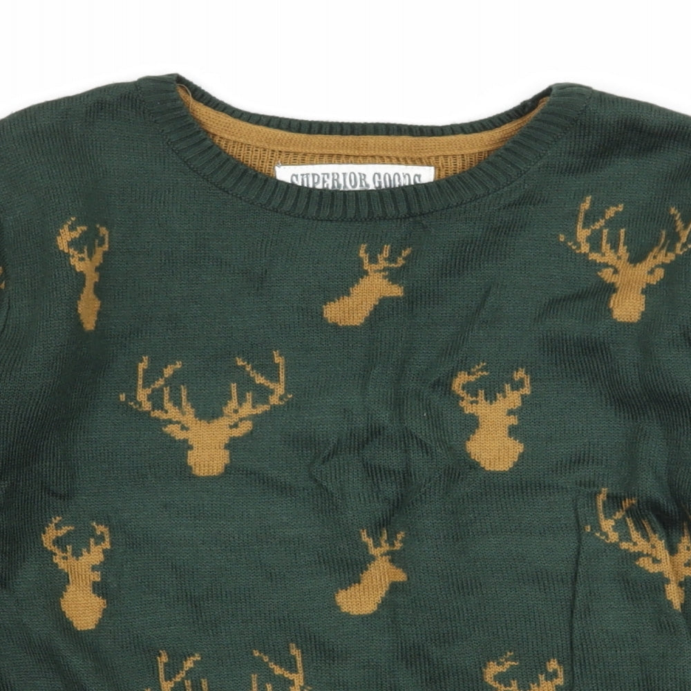 TU Boys Green Geometric Knit Pullover Jumper Size 7 Years  - reindeer