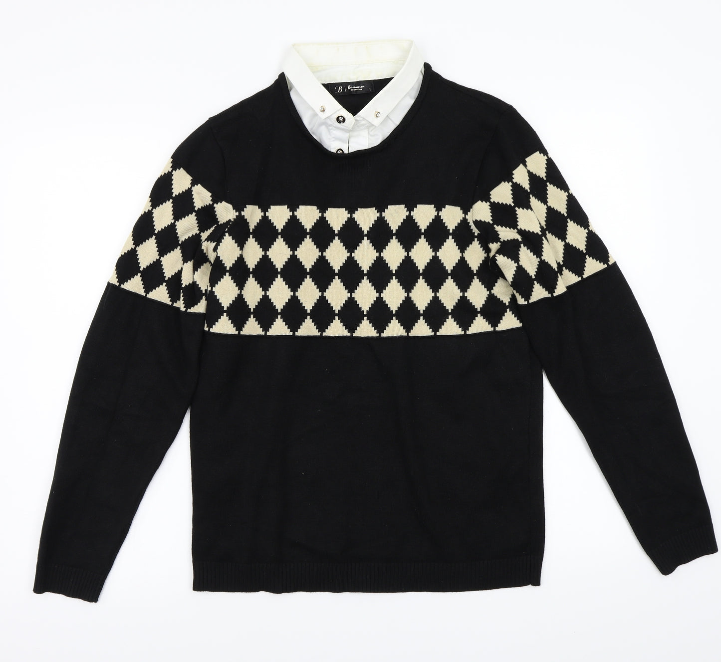 Bonmanni Womens Black Geometric  Pullover Jumper Size L