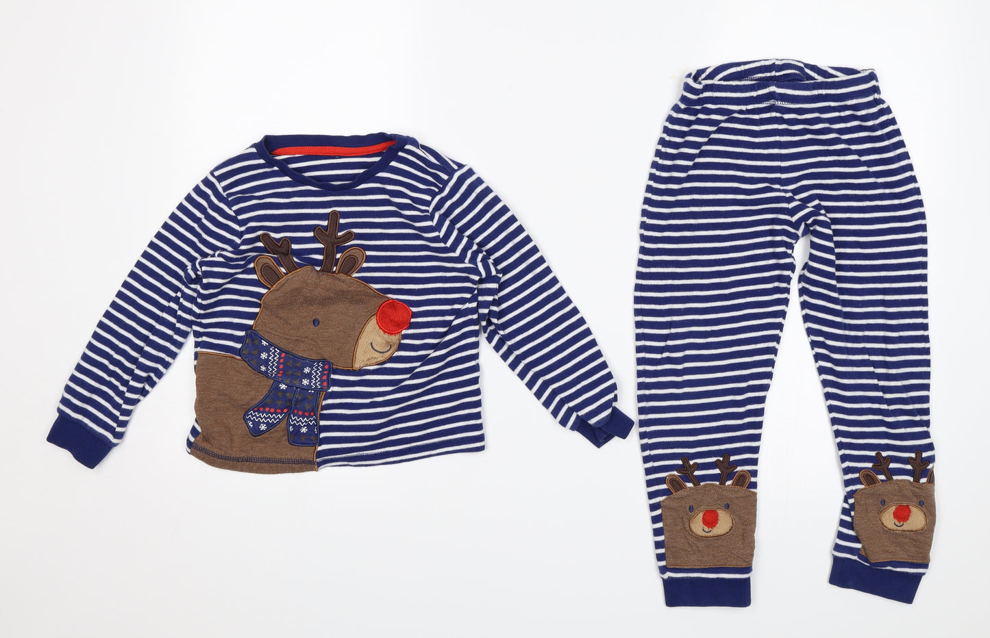 George Boys Blue Striped   Pyjama Set Size 5-6 Years  - reindeer