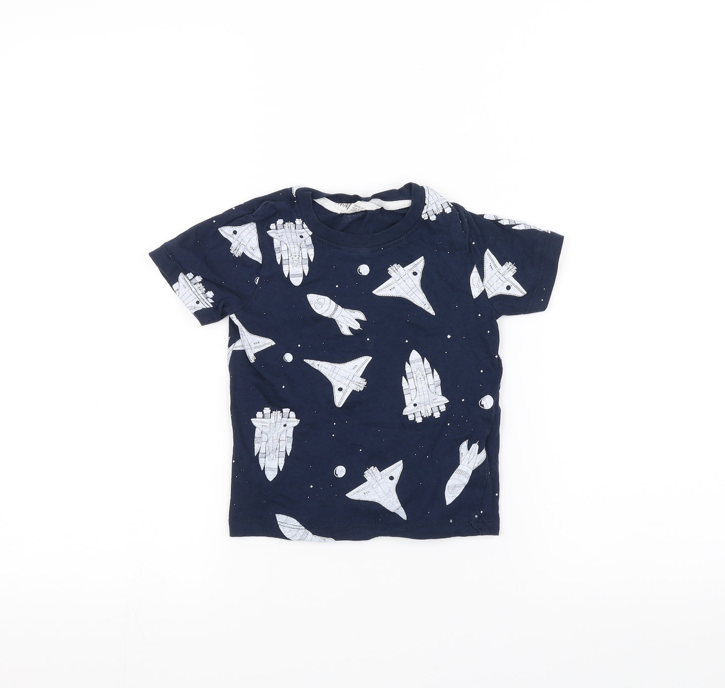 H&M Girls Blue   Basic T-Shirt Size 3-4 Years  - Space Ships