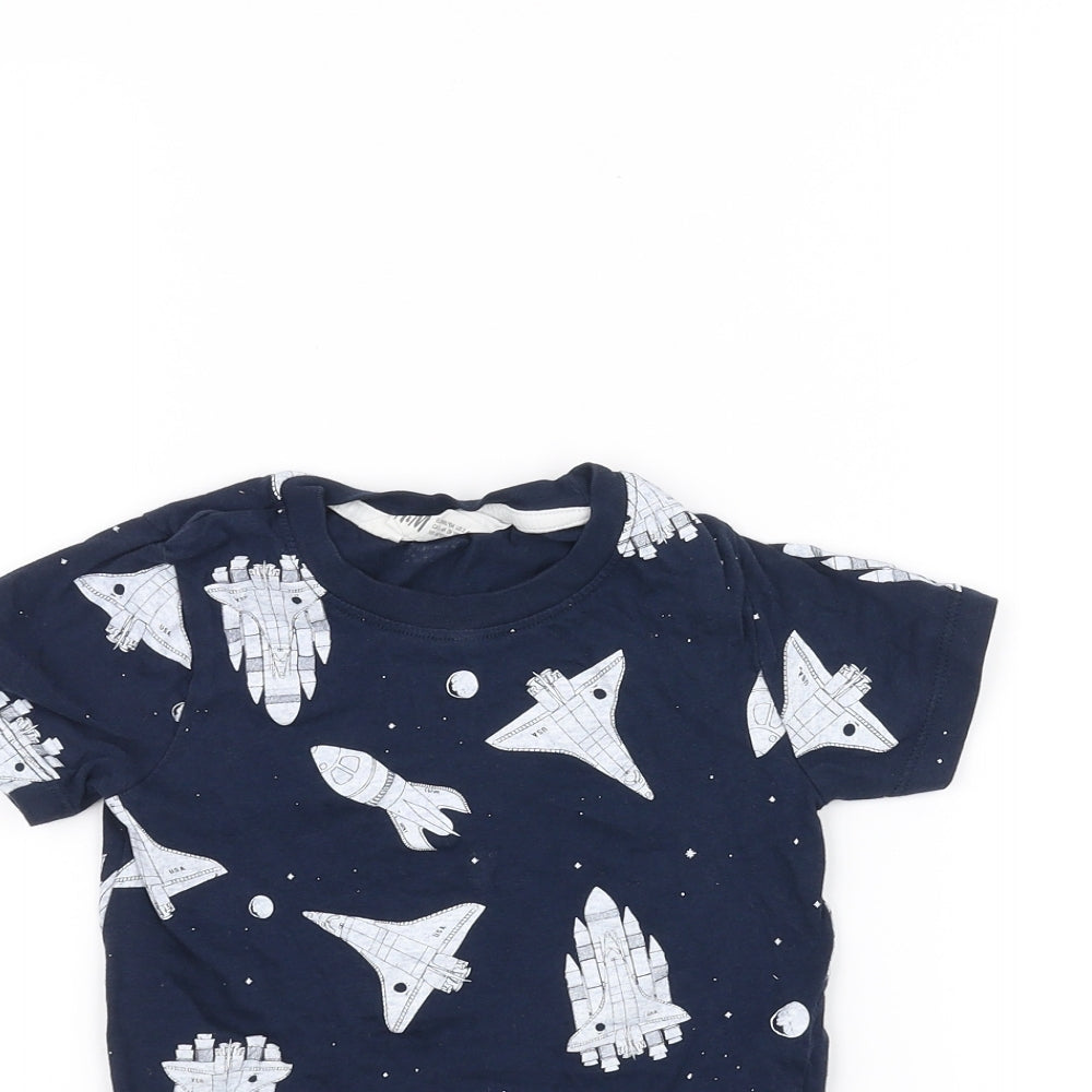 H&M Girls Blue   Basic T-Shirt Size 3-4 Years  - Space Ships