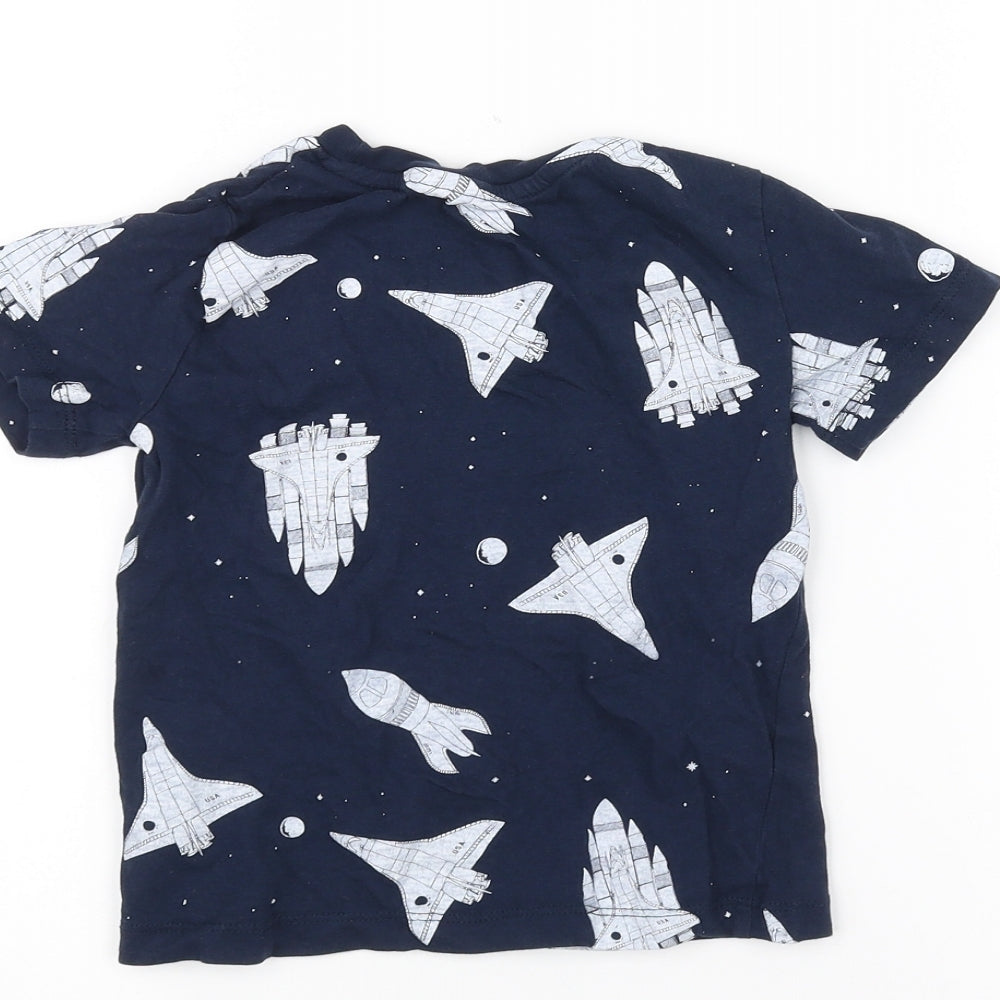 H&M Girls Blue   Basic T-Shirt Size 3-4 Years  - Space Ships