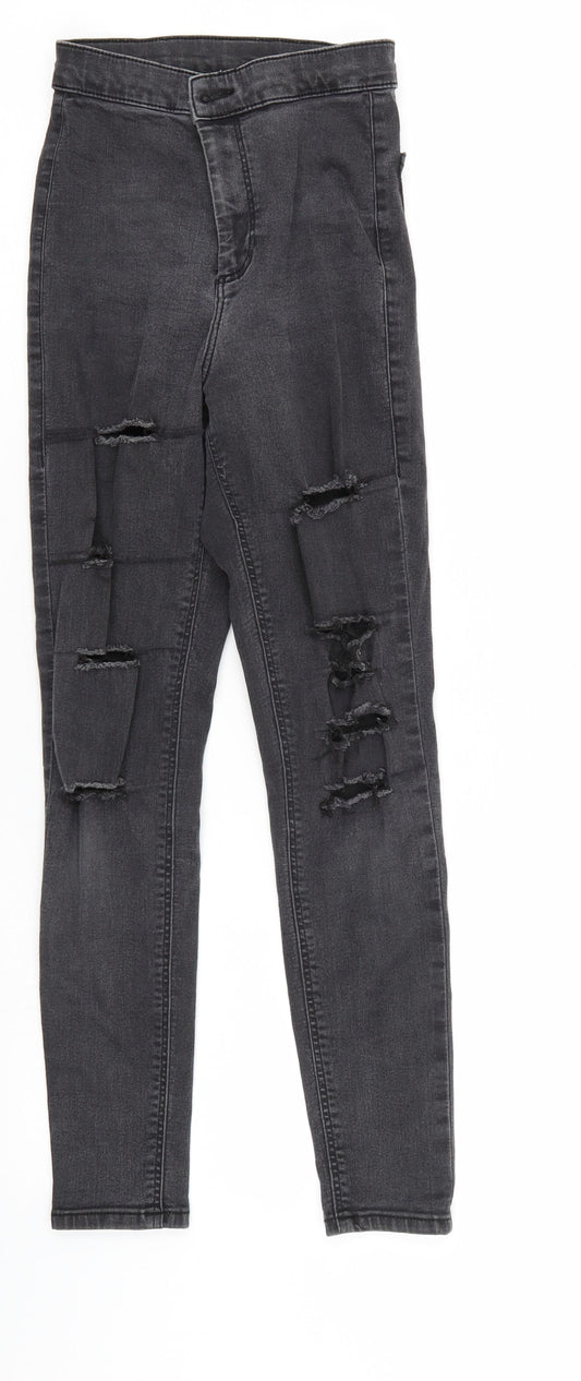 Front view of Topshop women’s black denim skinny jeans, size UK 26, 30-inch leg