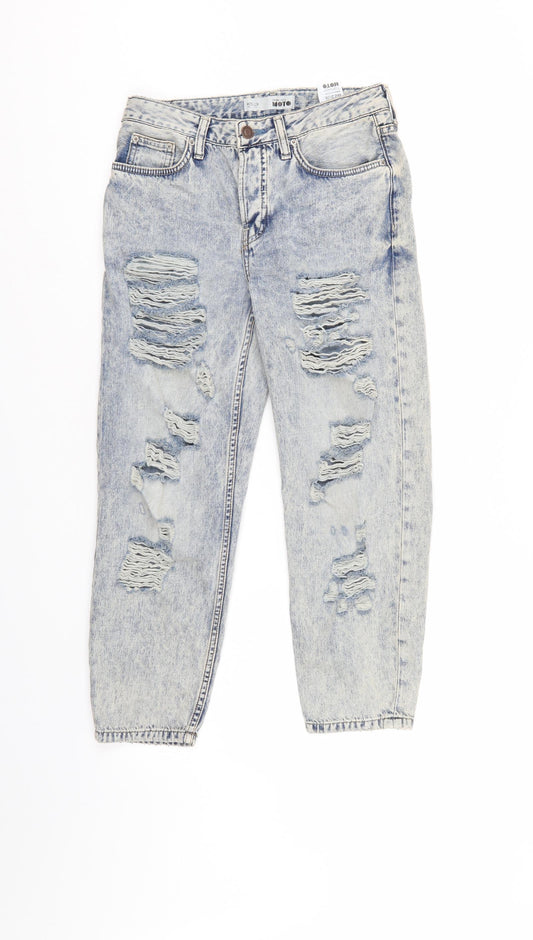 Front view of Topshop women’s blue denim cropped jeans, size UK 25, in, 28-inch leg