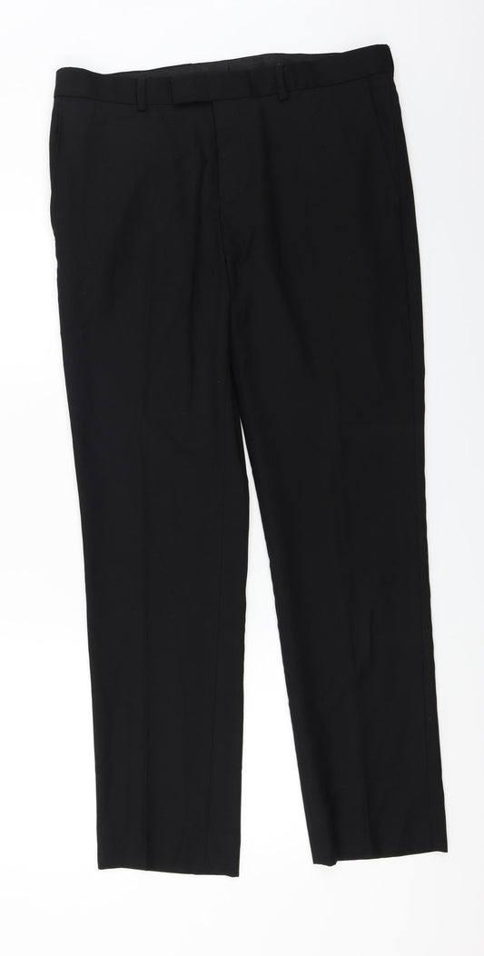 Front view of Preworn men’s black trousers, size 34, in, 28-inch leg