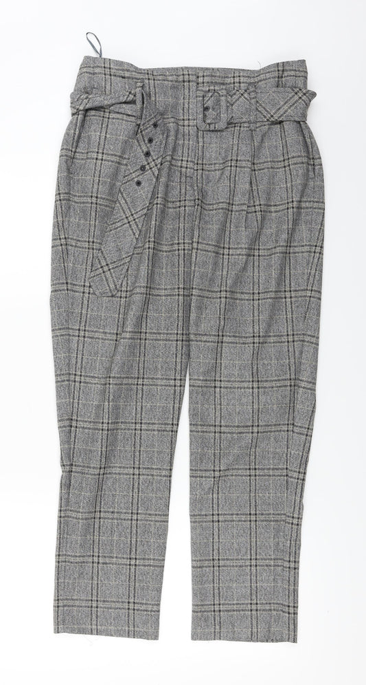 Front view of NEXT women’s grey check trousers, size UK 10, 24-inch leg