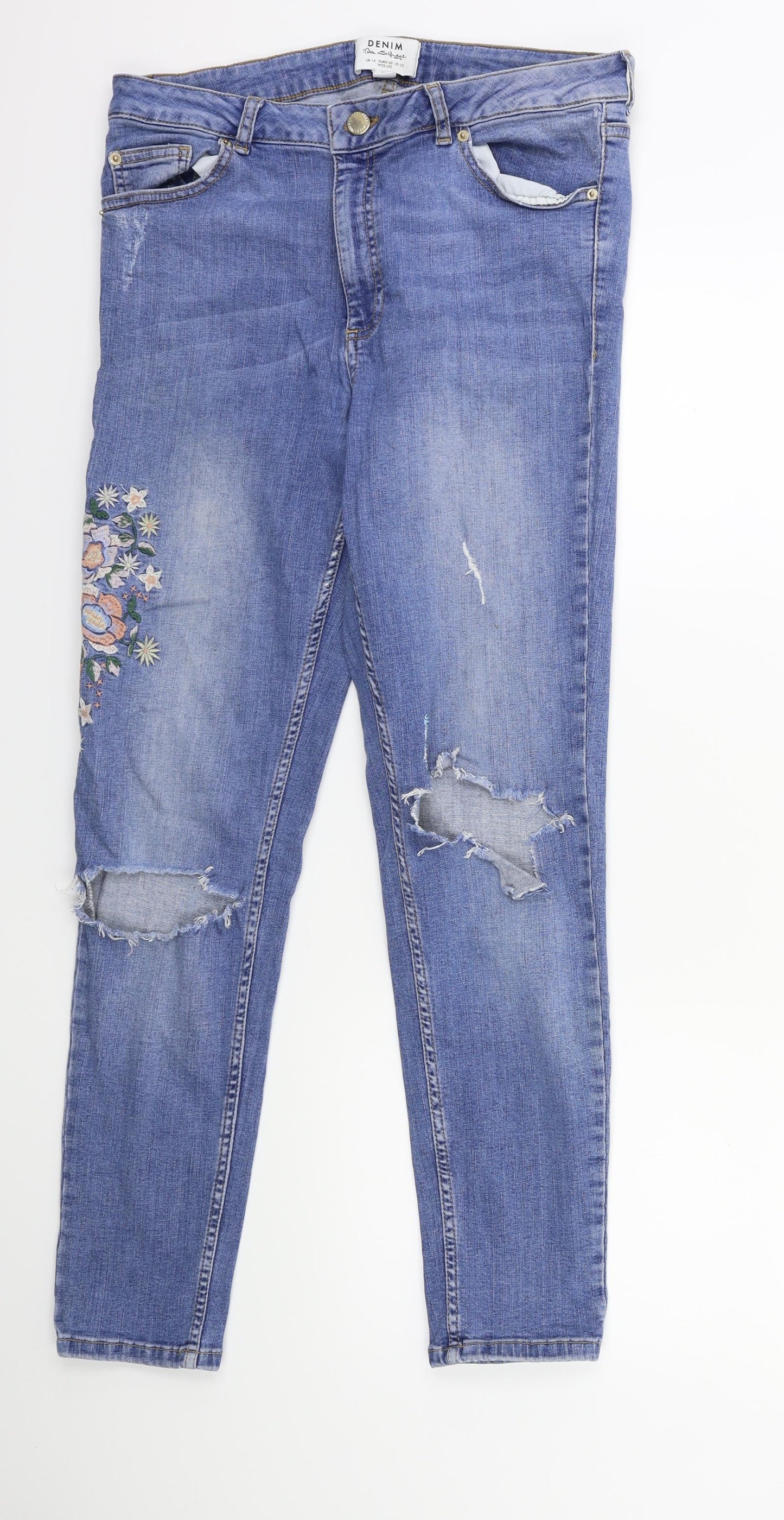 Dorothy Perkins Womens Blue Floral Denim Skinny Jeans Size 14 L28 in