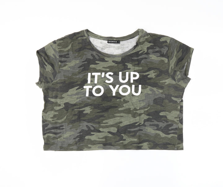 Terranova Womens Green Camouflage Cropped T-Shirt Size L