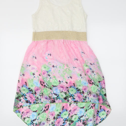 Preworn Girls Pink Floral  Skater Dress  Size 12 Years