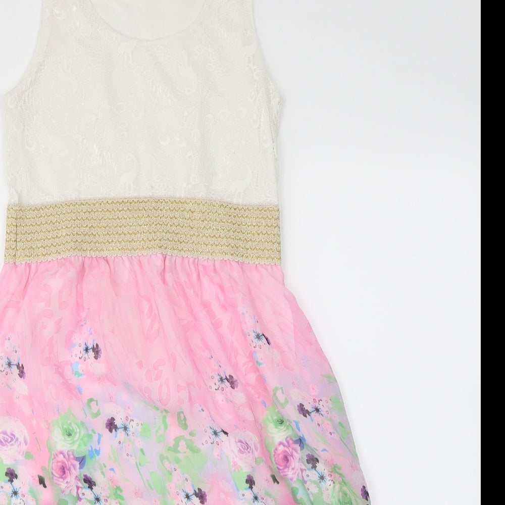 Preworn Girls Pink Floral  Skater Dress  Size 12 Years