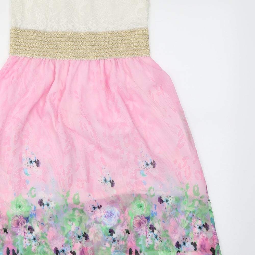 Preworn Girls Pink Floral  Skater Dress  Size 12 Years