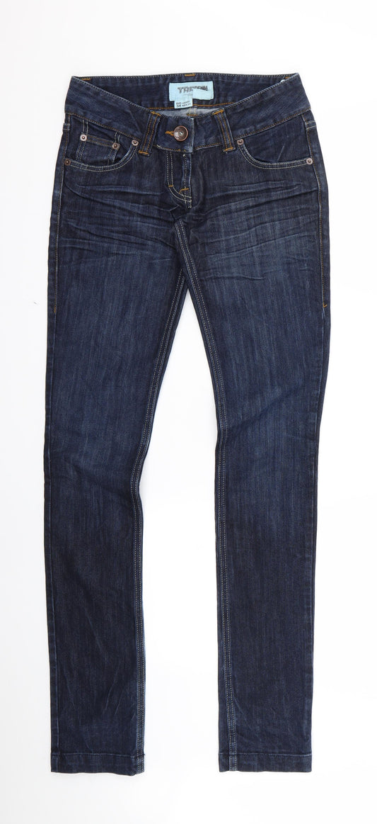 Front view of women’s blue skinny jeans, size UK 26, 31-inch leg