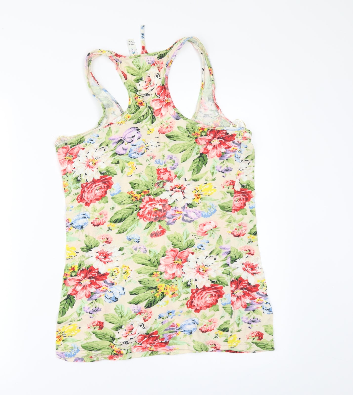Denim & Co. Womens Ivory Floral  Basic T-Shirt Size 14  - Racer Back