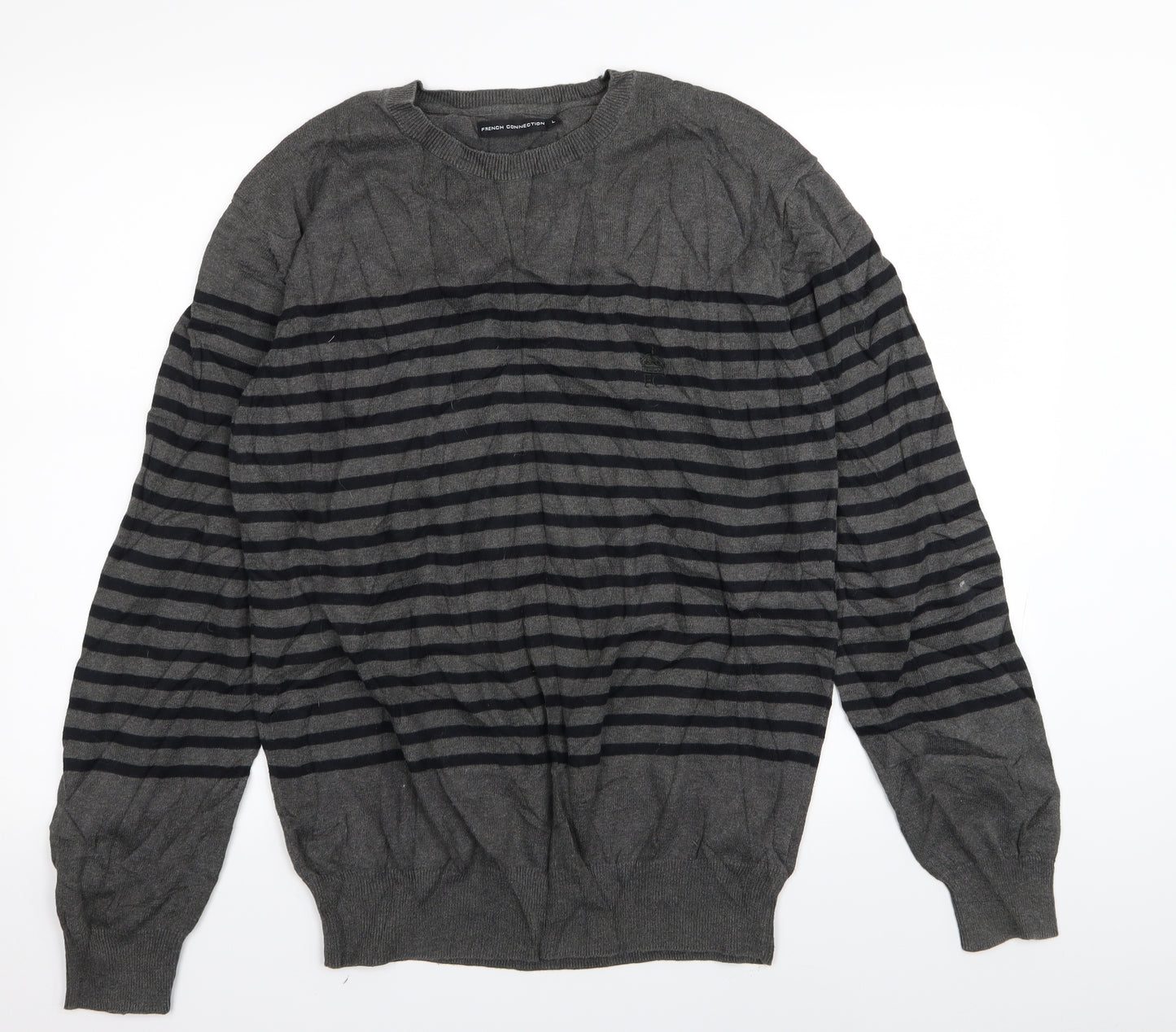 French Connection Mens Grey Striped  Pullover Jumper Size L