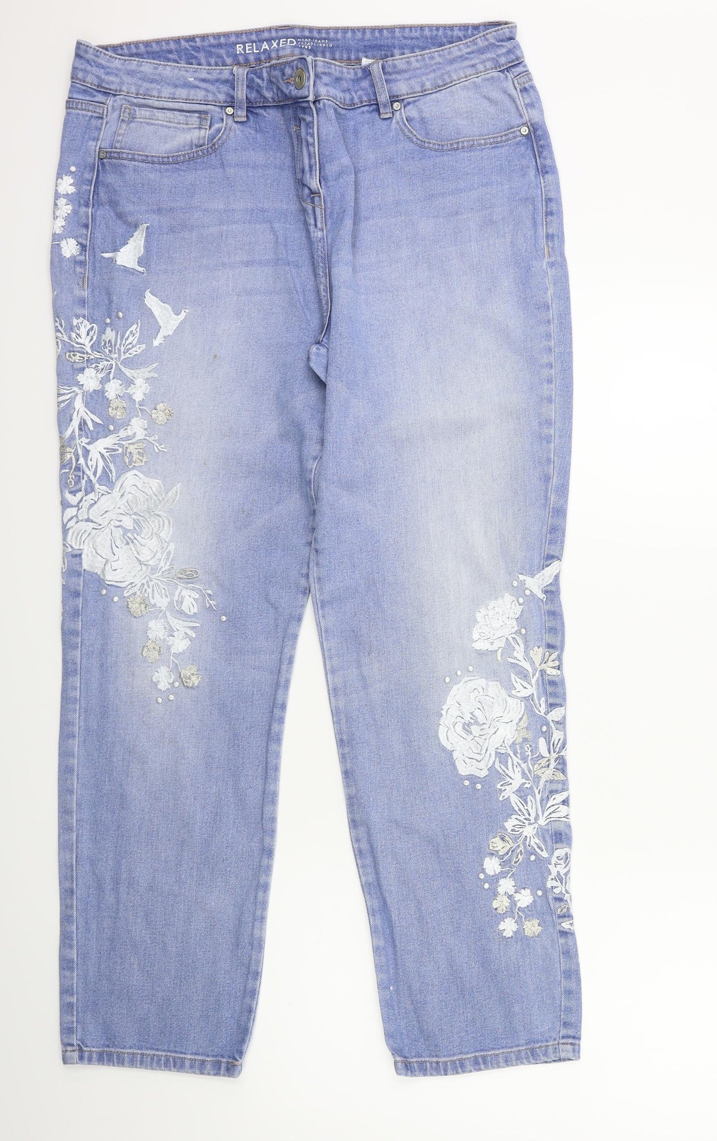 NEXT Womens Blue Floral Denim Straight Jeans Size 16 L28 in