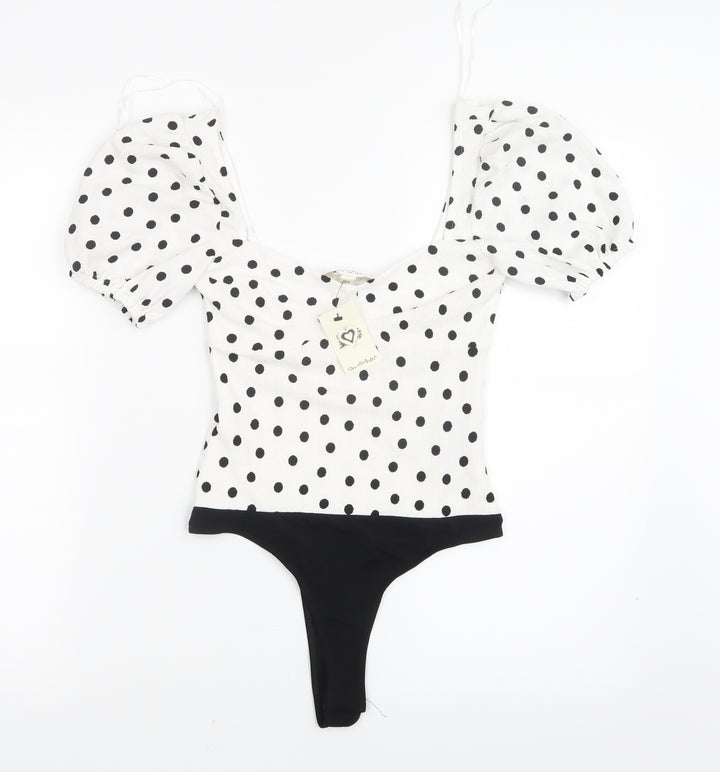 Miss Selfridge Womens White Polka Dot Bodysuit One-Piece Size 4